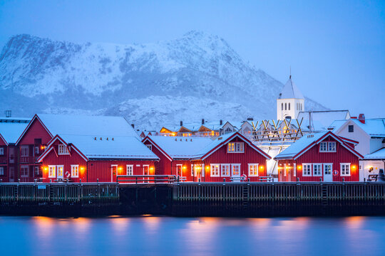Fishing village of Svolvaer at dusk, Lofoten Island