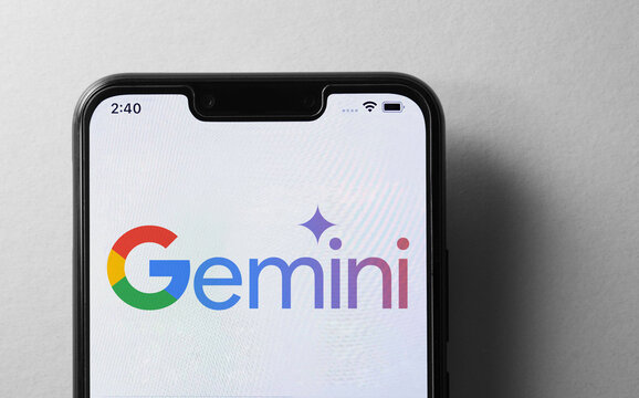 Close up of Google Gemini logo on screen of mobile phone.