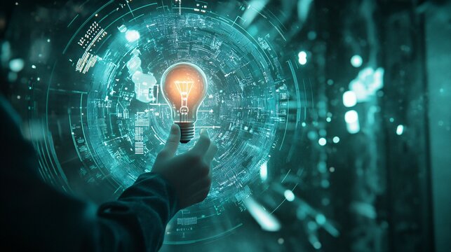 Hand holding illuminated lightbulb with futuristic digital background