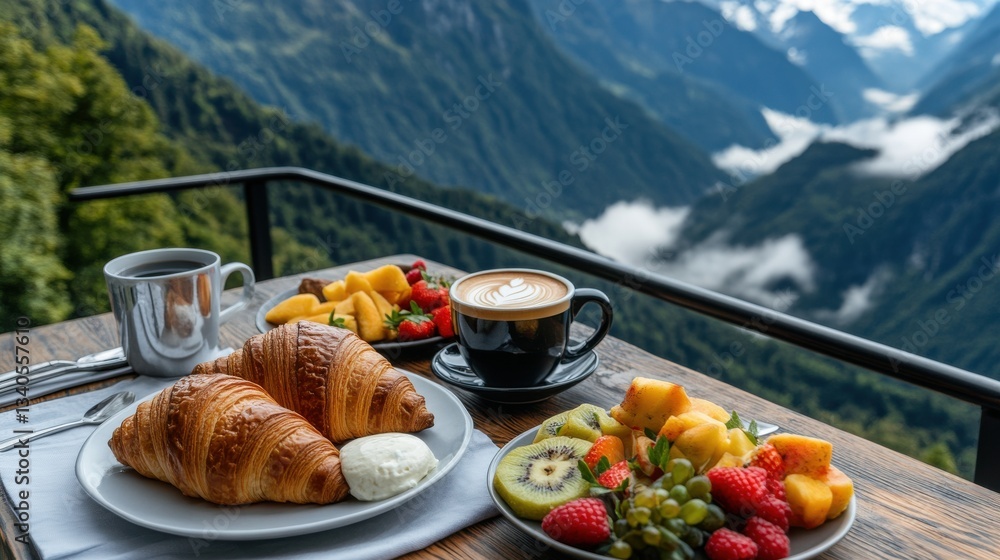 Poster a plate of croissants and fruit is set on a table with a cup of coffee