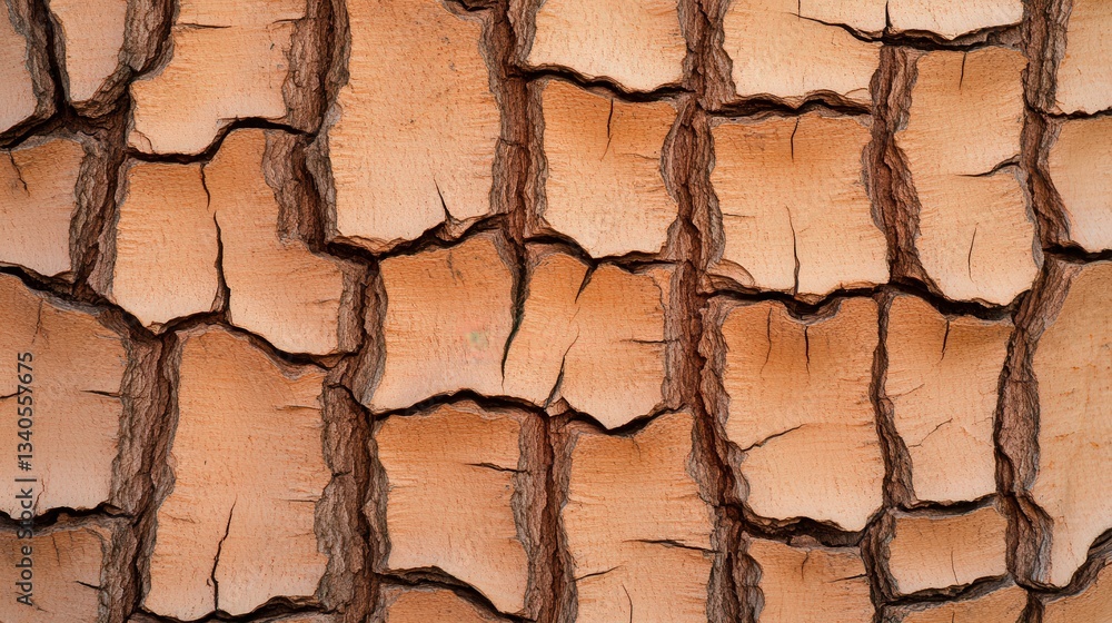 Poster a close-up view of textured tree bark, showcasing intricate cracks and patterns that highlight its n