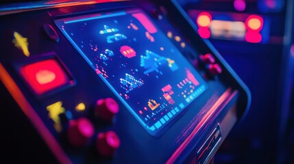 retro arcade cabinet with pixelated space invaders game on screen neon lights reflecting off polished control panel evoking nostalgia for 80s gaming