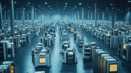 Expansive warehouse showcasing innovative self-organizing systems and efficient storage solutions.