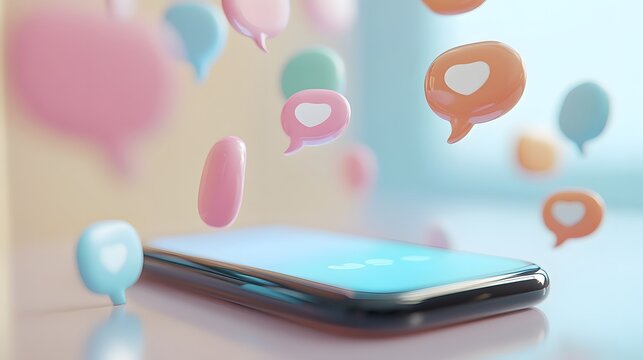 Smartphone with floating pastel chat bubbles and heart icons