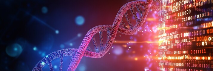 A vibrant digital DNA strand illuminated in red and blue light merging with a stream of binary data representing genetic coding and futuristic biotechnology