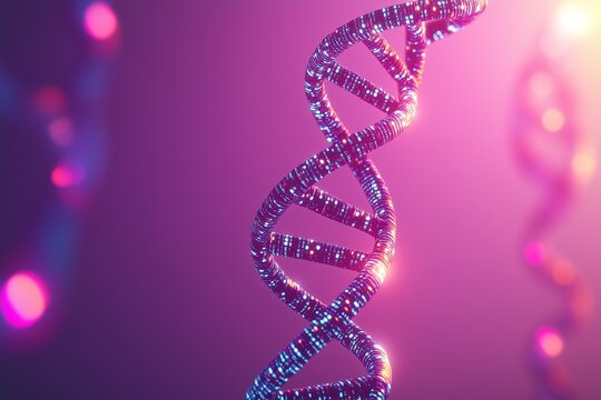 A glowing DNA helix made of digital data strands illuminated in blue and purple light floating in a futuristic setting representing genetic technology and artificial evolution