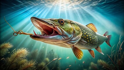 Fototapeta premium Northern Pike Caught on Fishing Lure - Stock Photo