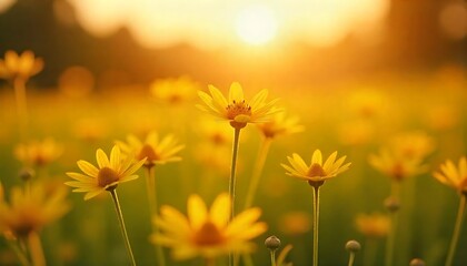 Fototapeta premium A field of yellow flowers bathed in warm sunlight