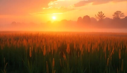 Fototapeta premium Golden sunlight shines over a field of tall green plants