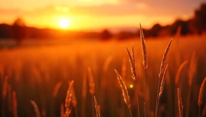 Golden sunlight illuminates a field of wheat during a sunset evening