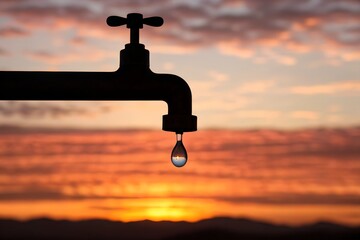 Silhouette of a Water Tap With a Single Droplet Against a Colorful Sunset Sky