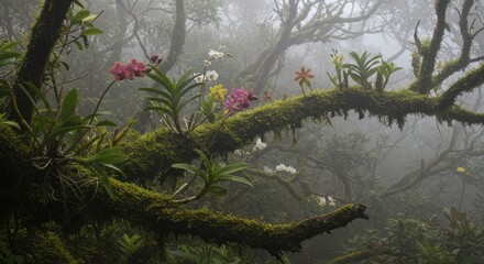Orchids Bloom on Mossy Tree Branches in Misty Jungle
