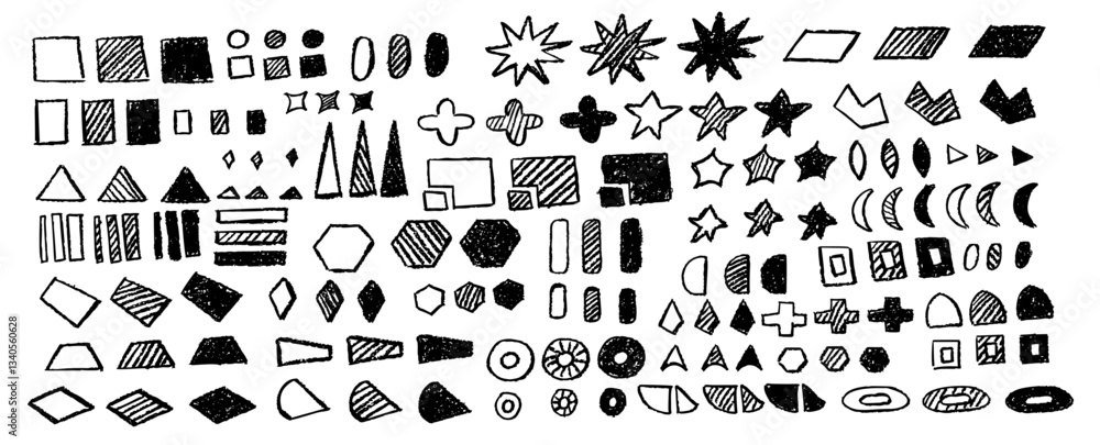 Poster set of abstract geometric basic shapes drawn with pastel black color or charcoal. hand drawn paint q