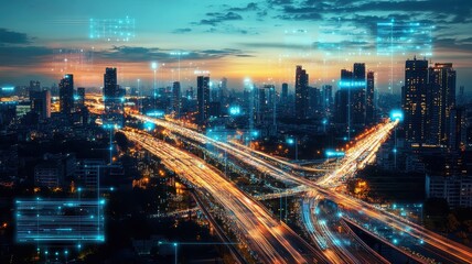 Obraz premium Futuristic smart city skyline showcasing advanced IoT technology and sustainable urban living.