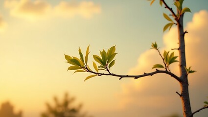Obraz premium A young tree branch with sprouting leaves silhouetted against a golden sunset sky with soft, blurred clouds.
