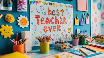 Colorful classroom display celebrating teacher appreciation with art supplies