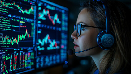 focused female call center operator analyzes financial data on multiple screens, wearing headphones and glasses, immersed in her work