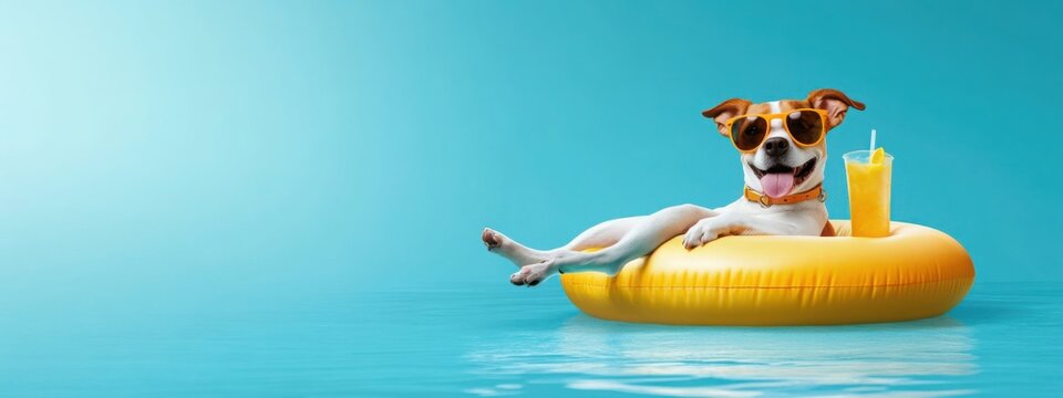 Cute cartoon dog relaxes on a float with lemonade in bright summer sky Generative AI