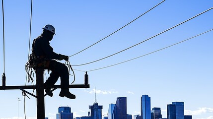 Silhouette of a lineman working on power lines