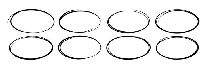 Hand drawn circle line sketch set. Circular vector brush strokes. Circles of paint on white background. Ink hand drawn paint brush circle. Logo, label design element vector illustration.