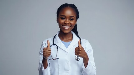 medicine, profession and healthcare concept - smiling african american female doctor or scientist in white coat showing thumbs up over grey background