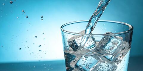 Clear glass, ice cubes, pouring water, splashing liquid, turquoise background, high-speed photography, macro shot, refreshing beverage, droplets, crystal clear, dynamic motion, cool tones, transparent