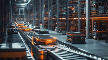 An automated warehouse filled with self-organizing robots optimizing logistics and enhancing efficiency.