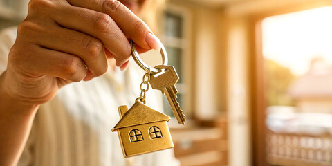 Real estate, house keys, golden keychain, house-shaped charm, hand holding keys, blurred interior background, warm lighting, homeownership, property purchase, new home, close-up shot, shallow depth