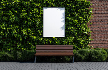 mockup of blank billboard in front of wooden bench against green wall. scene is serene and inviting, perfect for showcasing advertisements or art