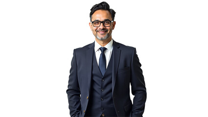 Confident businessman portrait in dark suit. Professional, sophisticated look for corporate websites, profiles, marketing. Isolated on transparent background.