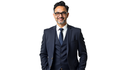 Confident businessman portrait in dark suit. Professional, sophisticated look for corporate websites, profiles, marketing. Isolated on transparent background.