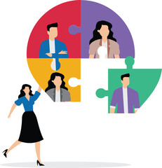 Businesswoman manager connecting jigsaw puzzle elements, symbol of teamwork building