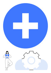 Obraz premium Blue plus sign symbolizes positivity and health above yoga pose figure and gear. Ideal for wellness, productivity, self-care, technology, personal development, mindfulness, flat simple metaphor