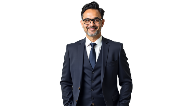 Confident businessman portrait in dark suit. Professional, sophisticated look for corporate websites, profiles, marketing. Isolated on transparent background. - Powered by Adobe