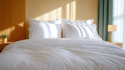 A bed with white sheets and pillows