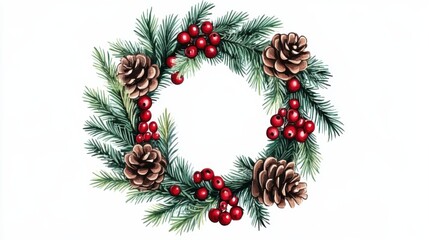 Christmas wreath with greenery berries and pine cones illustration