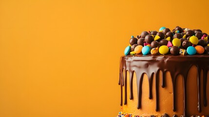 Delicious looking cake covered in chocolate frosting and candies