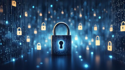 A large padlock glowing keyhole sits foreground against a background digital data smaller padlocks, symbolizing cybersecurity data protection.