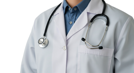 Doctor png. Close-up of a doctor wearing a white coat with a stethoscope around their neck on a transparent background.