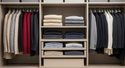 Organized Closet with Hanging Suits and Folded Sweaters for Home