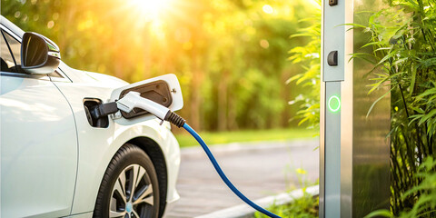 Electric vehicle charging, sunny forest backdrop, close-up of charging port, green energy, eco-friendly transportation, sunlit foliage, charging station, sustainable technology, environmental 