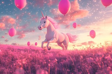 Magical pink unicorn in a fairytale field with floating balloons and vibrant sunset sky