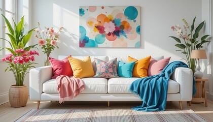 Cozy Modern Living Room with Colorful Cushions and Abstract Art in Bright Sunlit Space
