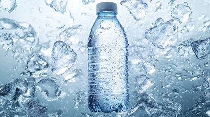 Pure Mineral Water in Plastic Bottle With Water Drops and Ice, White Background