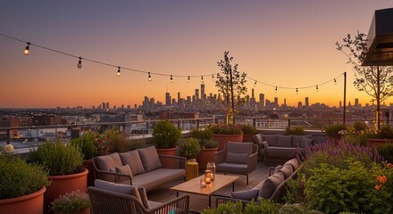 Rooftop Terrace Lounge Area with City Skyline View at Sunset