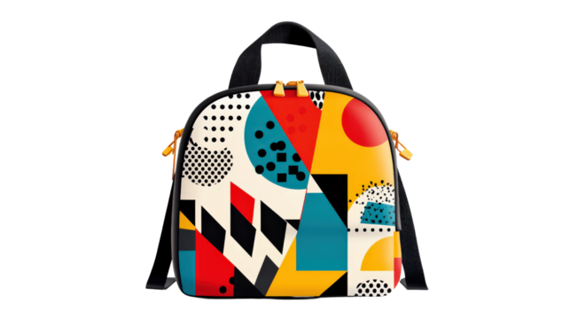 Aesthetic backpacks style. Colorful geometric handbag with unique design elements.