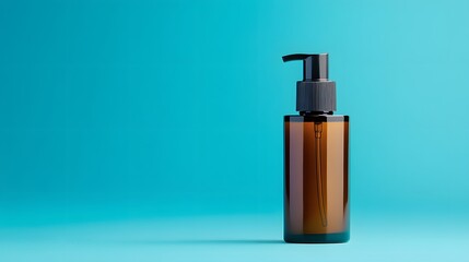 Naklejka premium Amber glass bottle with pump on blue background