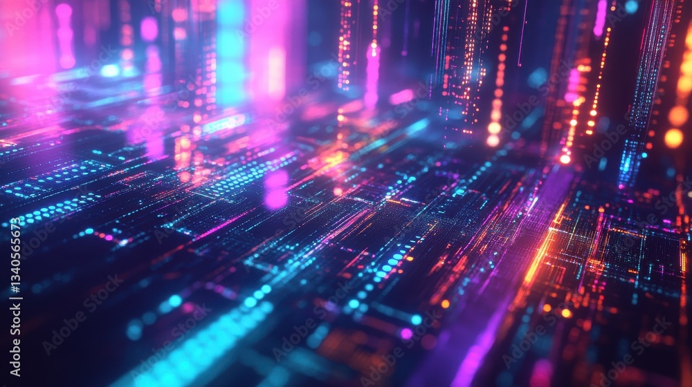 Poster a vibrant, abstract representation of data streams and circuitry, showcasing intricate of light and 