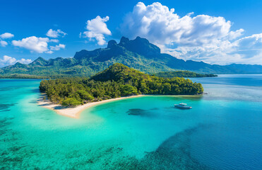 Aerial view of tropical island with white sandy beach, turquoise water, and lush greenery. serene landscape evokes sense of tranquility and paradise