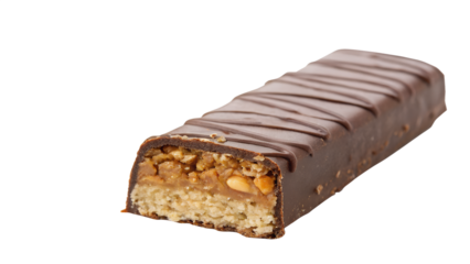 Macro shot of a single protein bar in packaging, isolated on white
